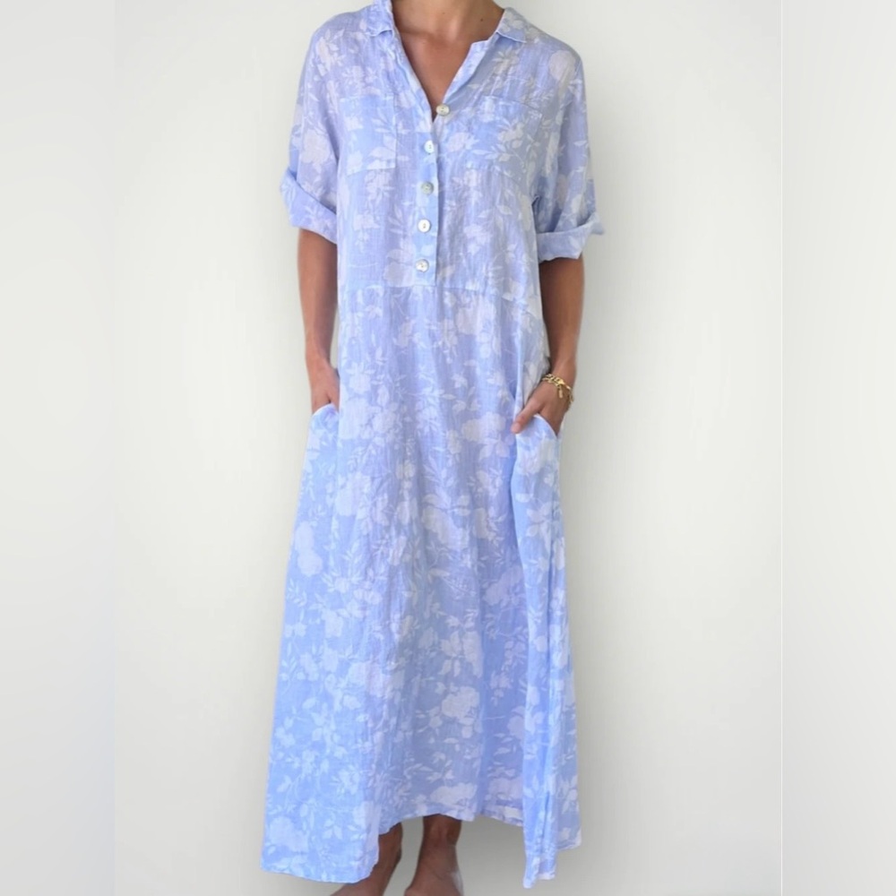 FROCKK Soft Blue and White Floral Linen Bridget Maxi Dress, Size Medium, NWOT
